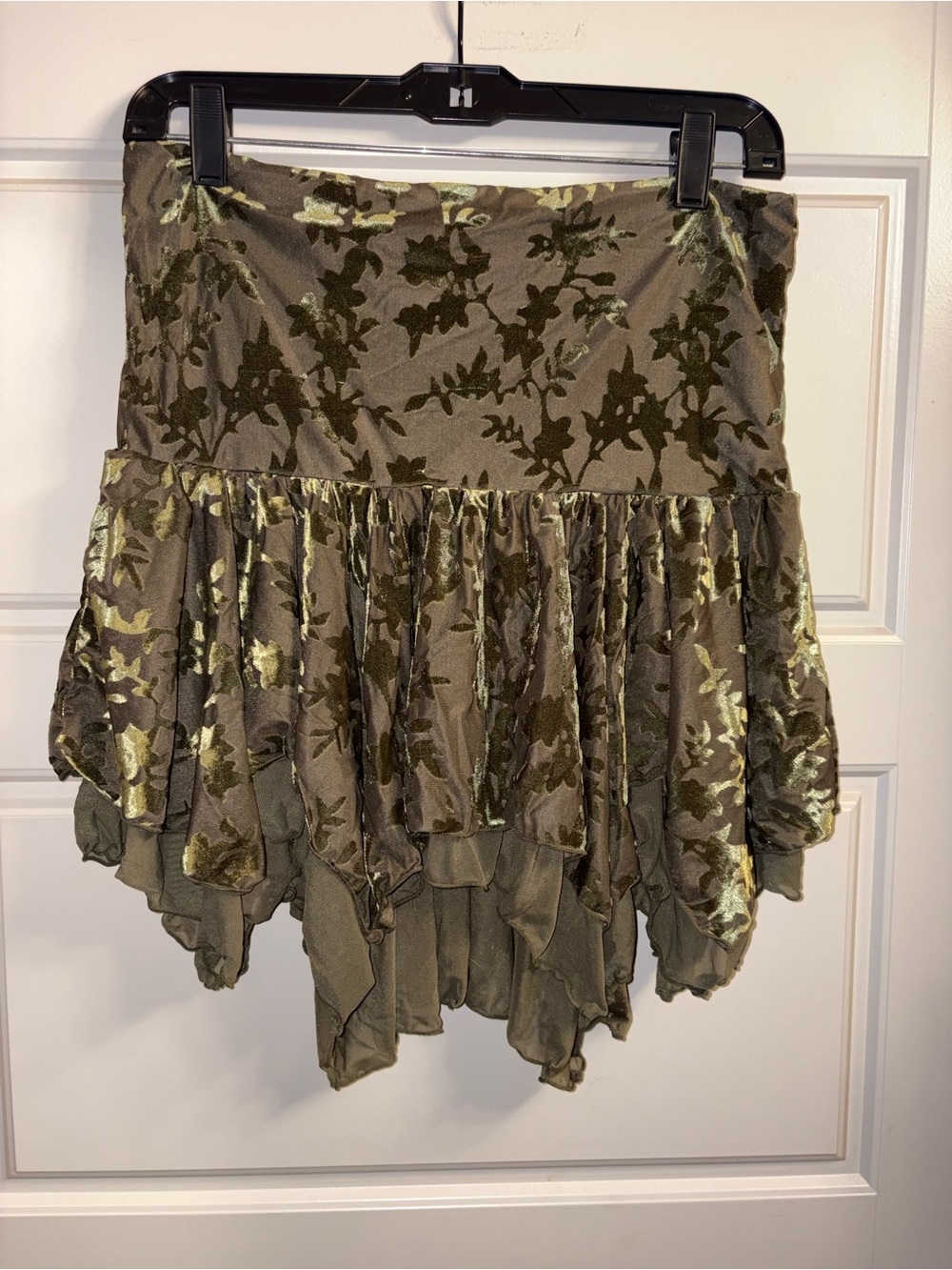 Current Mood Olive Velvet Floral Asymmetrical Ruffle Skirt